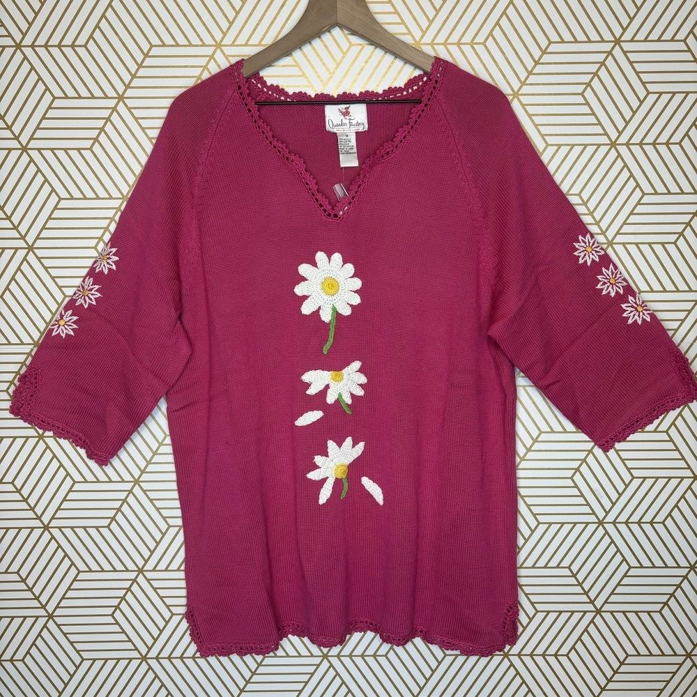 QUACKER FACTORY Sweater Cottagecore Crochet Daisy Beaded Pink Whimsy 1X NWT